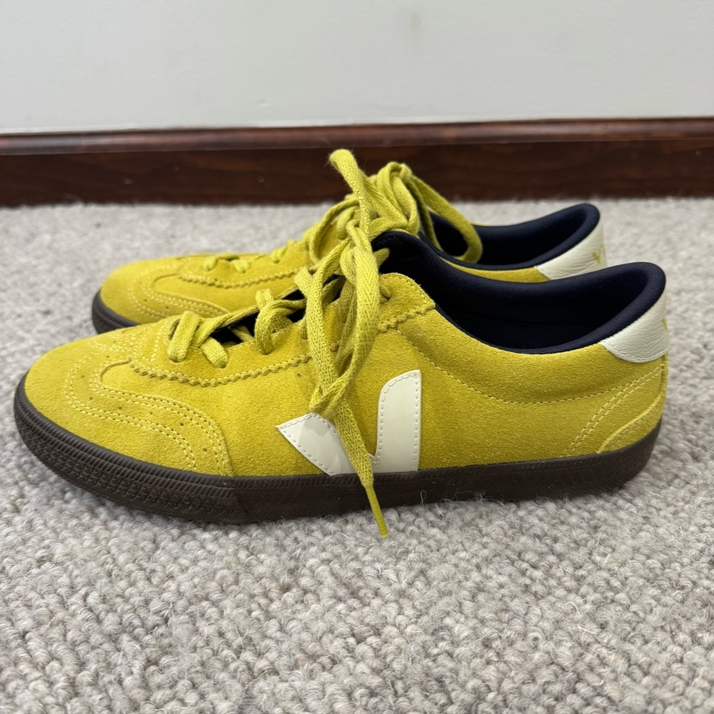 Veja Women’s Suede Sneakers in Chartreuse with White V - Picture 4 of 7